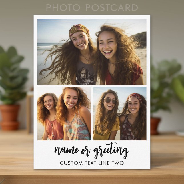 3 Photo Collage with Script Text  Postcard (Custom Photo Postcard)