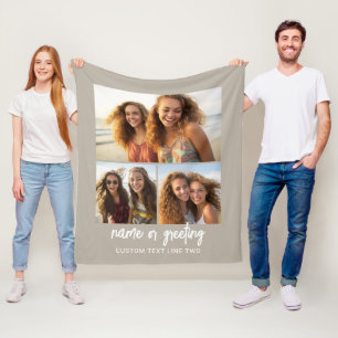 3 Photo Collage with Script Text - taupe white Fleece Blanket