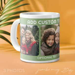 3 Photo Collage with Text - Green Large Coffee Mug