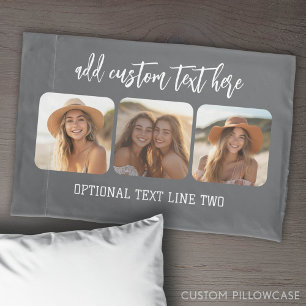 3 Photo Collage with trendy bounce script - grey Pillowcase