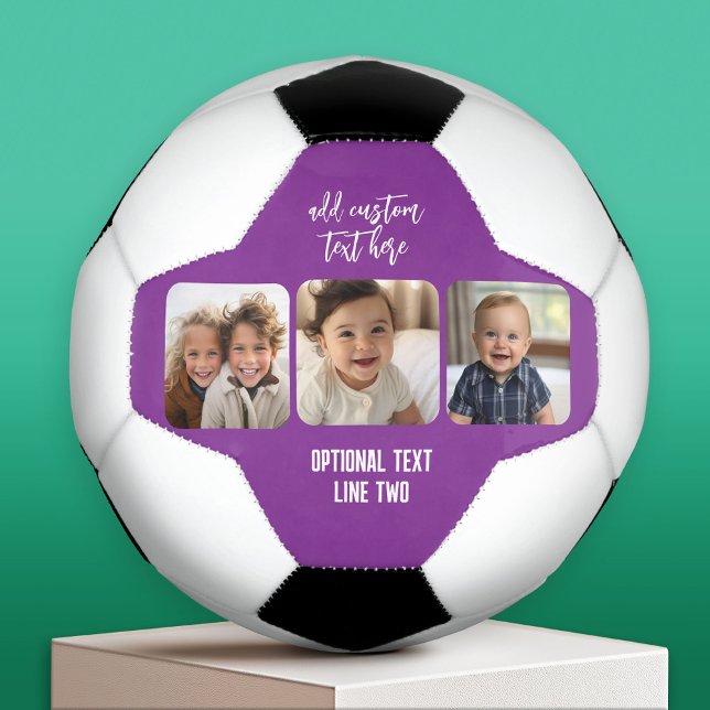 3 Photo Collage with trendy bounce script - purple Soccer Ball (Custom Soccer Ball)