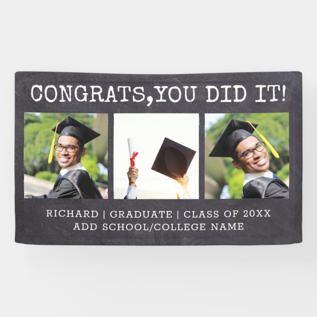 3 Photo Congrats Grad 2022 Graduation Chalkboard Banner (Horizontal)