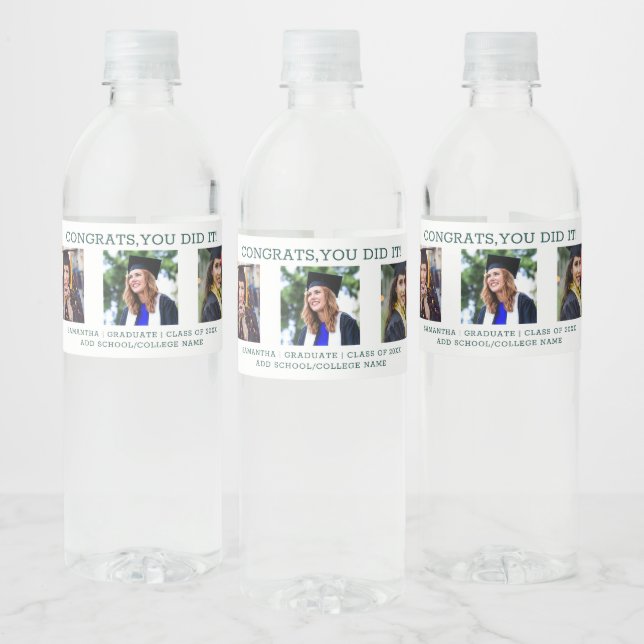 3 Photo Congrats Grad Green And White Graduation Water Bottle Label (Bottles)