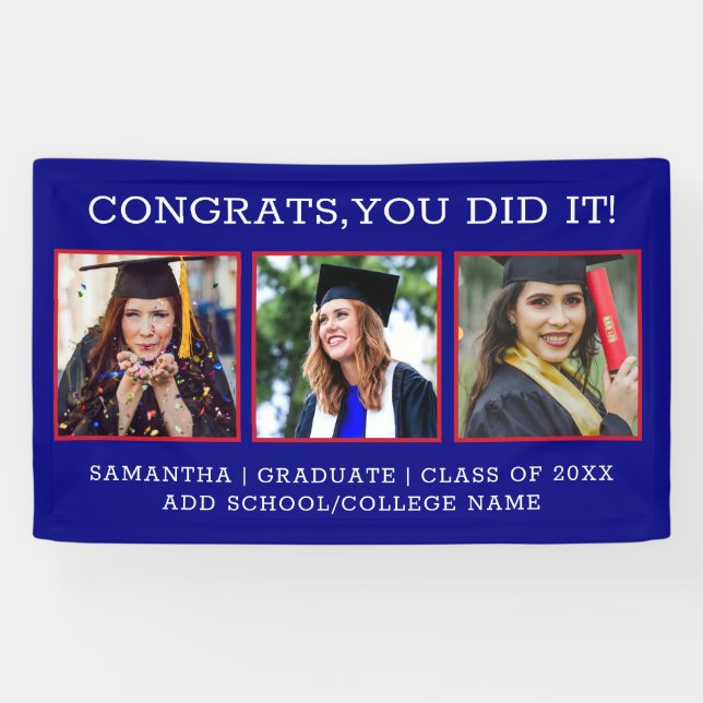 3 Photo Congrats Graduate 2023 Blue Graduation  Banner (Horizontal)
