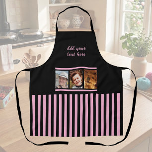 3 photo custom text black pink striped apron