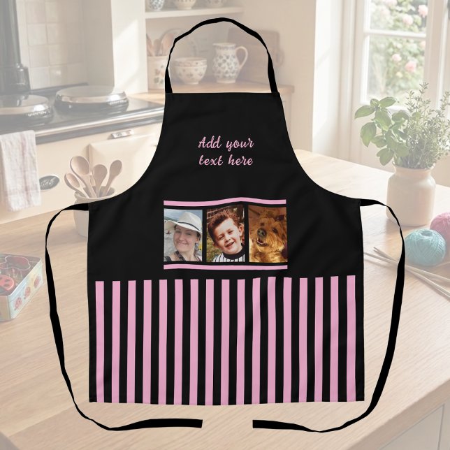 3 photo custom text black pink striped  apron (Creator Uploaded)
