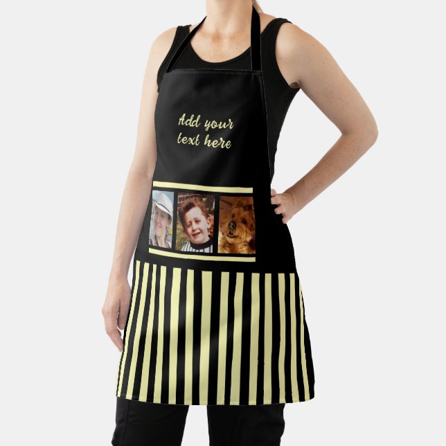 3 photo custom text black yellow striped  apron (Insitu)