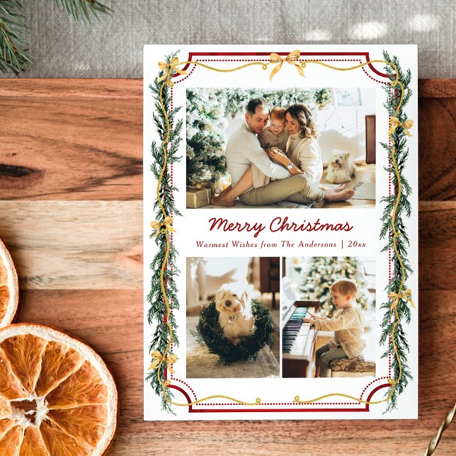 3 Photo Cute Botanical Christmas Foliage Gold Bows Holiday Card (Creator Uploaded)