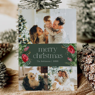 3 Photo Dark Green Botanical Merry Christmas Card