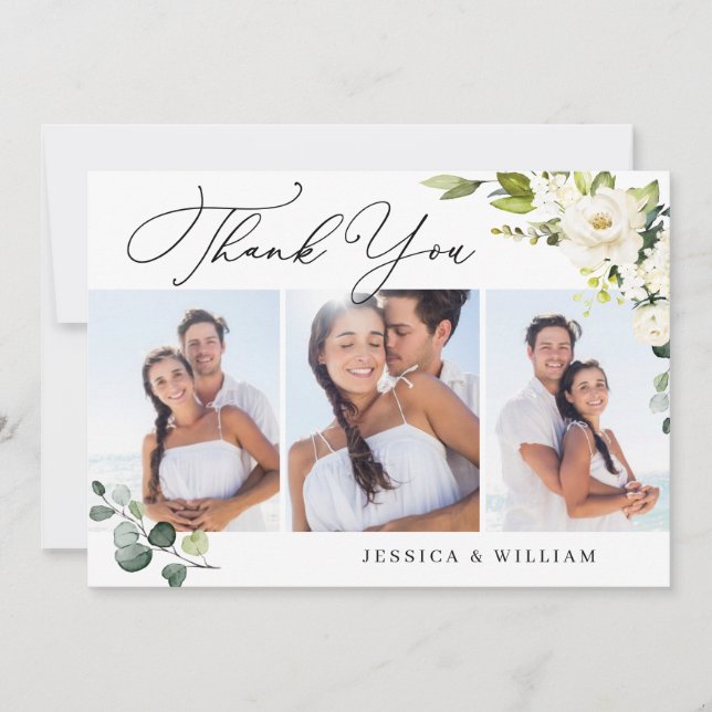 3 PHOTO Elegant Eucalyptus White Roses Floral Thank You Card (Front)