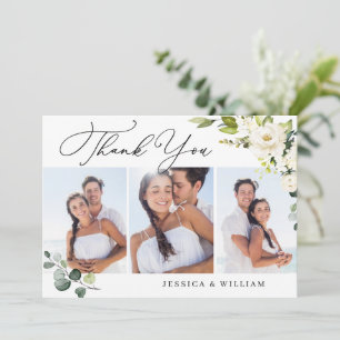 3 PHOTO Elegant Eucalyptus White Roses Floral Thank You Card