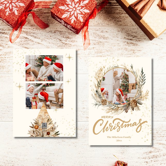 3 Photo Elegant Gold Glitter Floral   Christmas Holiday Card (Creator Uploaded)