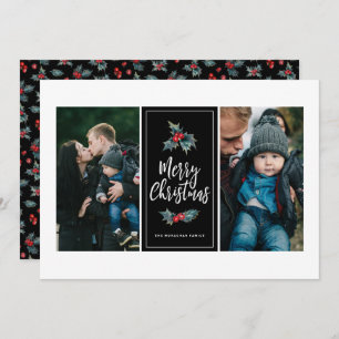3 Photo Elegant Painted Holly Christmas Black Holiday Card