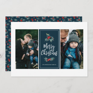 3 Photo Elegant Painted Holly   Christmas Blue Holiday Card