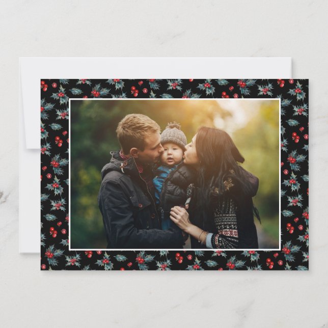 3 Photo Elegant Painted Holly | Peace Love Black Holiday Card (Back)