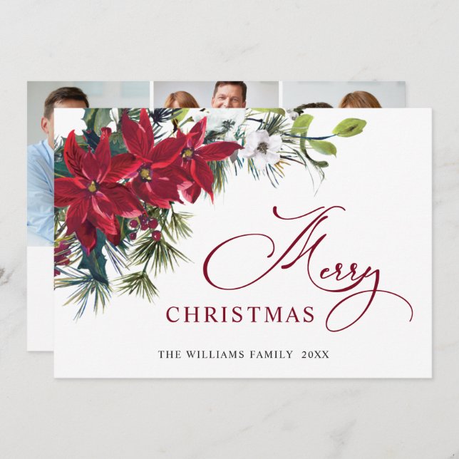 3 PHOTO Elegant Poinsettia Christmas Greeting Holiday Card (Front/Back)