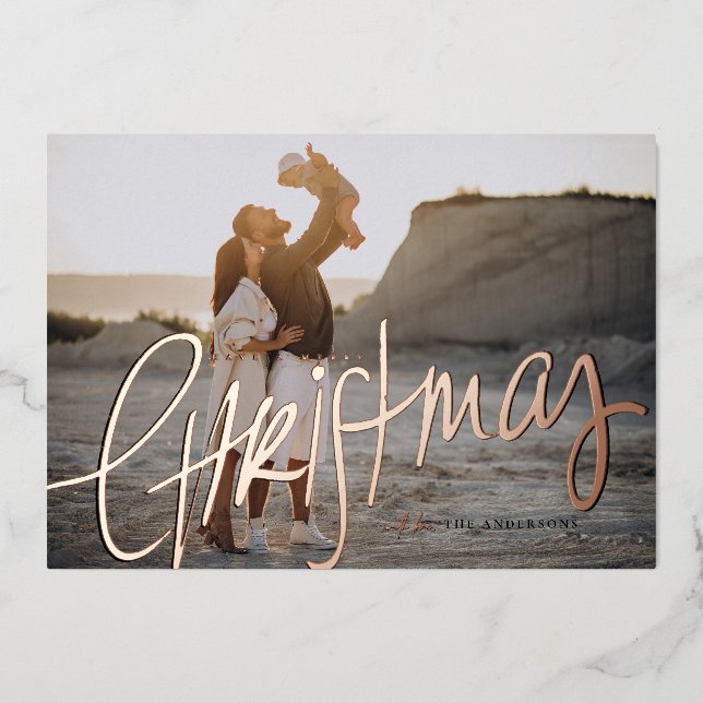 3 Photo Elegant Script Foil Holiday Card (Front)