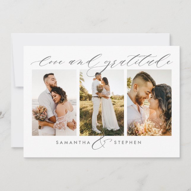 3-Photo Elegant Script Love And Gratitude Wedding Thank You Card (Front)
