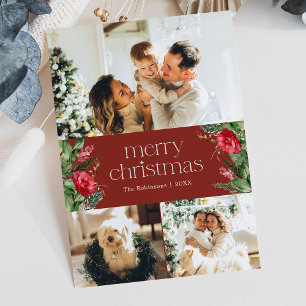3 Photo Elegant Winter Red Merry Christmas Card
