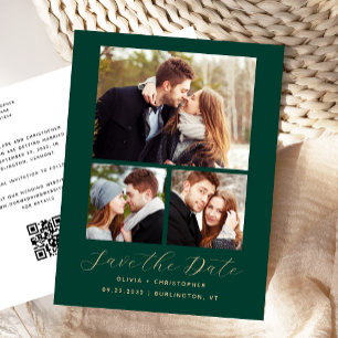 3-Photo Emerald Green Gold QR Code Save the Date Postcard
