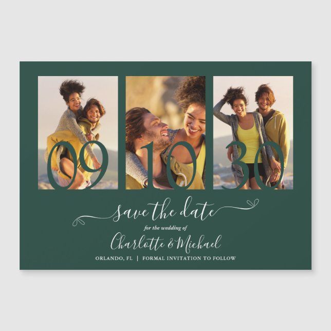 3 Photo Emerald Green Wedding Save The Date Magnetic Invitation (Front)