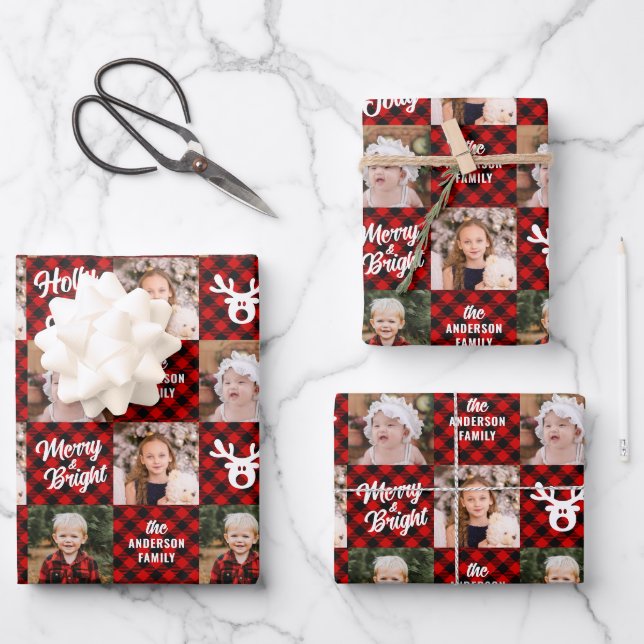 3 Photo Family Buffalo Plaid White Reindeer  Wrapping Paper Sheet (Front)