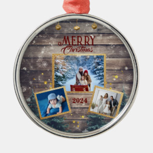 3-Photo Family Celebrate Togetherness Christmas Metal Ornament
