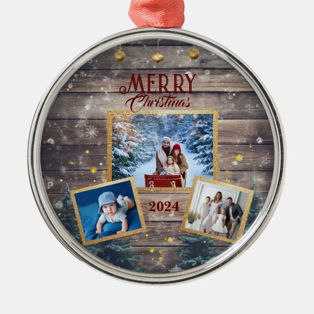 3-Photo Family Celebrate Togetherness Christmas Metal Ornament (Front)