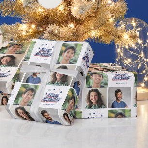 3 Photo Family Collage Retro Christmas Typography Wrapping Paper