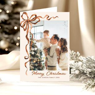 3 Photo Festive Christmas Boho Beige Bow Ribbon Holiday Card