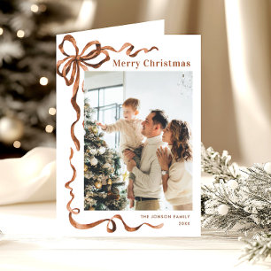 3 Photo Festive Christmas Boho Beige Bow Ribbon Holiday Card