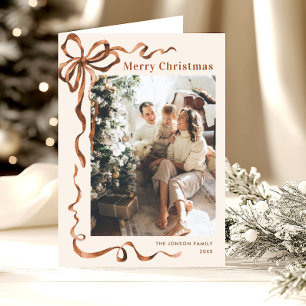 3 Photo Festive Christmas Boho Beige Bow Ribbon Holiday Card