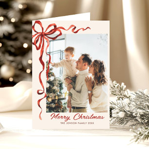 3 Photo Festive Christmas Boho Red Bow Ribbon Holiday Card