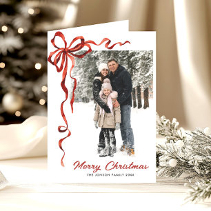3 Photo Festive Christmas Boho Red Bow Ribbon Holiday Card