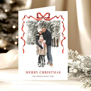 3 Photo Festive Christmas Boho Red Bow Ribbon Holiday Card