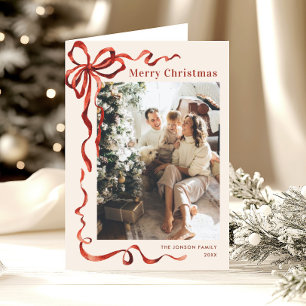 3 Photo Festive Christmas Boho Red Bow Ribbon Holiday Card