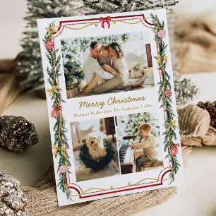 3 Photo Festive Christmas Botanical Foliage & Bows Holiday Card
