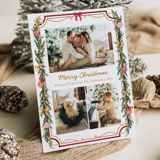 3 Photo Festive Christmas Botanical Foliage & Bows Holiday Card (Creator Uploaded)