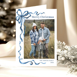 3 Photo Festive Dusty Blue Christmas Bow Ribbon Holiday Card