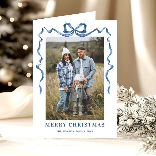 3 Photo Festive Dusty Blue Christmas Bow Ribbon Holiday Card (Creator Uploaded)