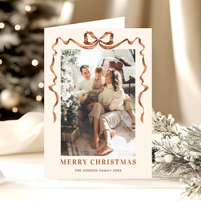 3 Photo Festive Merry Christmas Boho Bow Ribbon Holiday Card (Creator Uploaded)