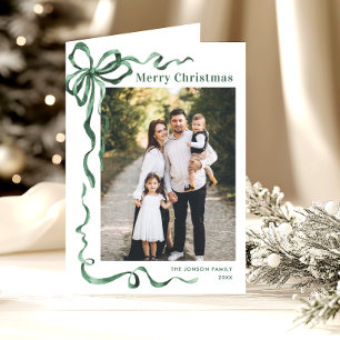 3 Photo Festive Sage Green Christmas Bow Ribbon Holiday Card