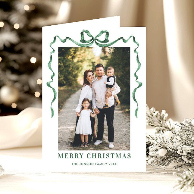3 Photo Festive Sage Green Christmas Bow Ribbon Holiday Card (Creator Uploaded)