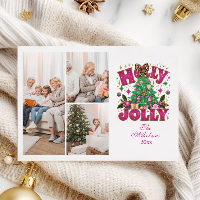 3 Photo Glitter Leopard Bow Holly Jolly Holiday Card (Creator Uploaded)