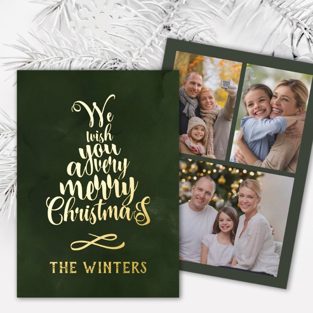 3 Photo Gold and Green Christmas Tree Lettering  Foil Holiday Card (Creator Uploaded)