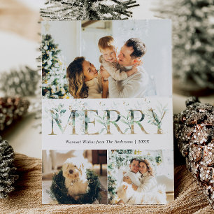 3 Photo Gold & Greenery Merry Christmas Holiday Card