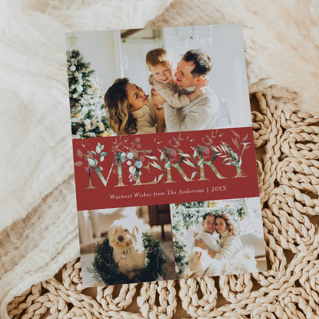 3 Photo Gold Greenery Red Merry Christmas Holiday Card (Creator Uploaded)