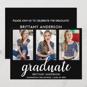 3 Photo Gold Modern Graduation Party Invite BW