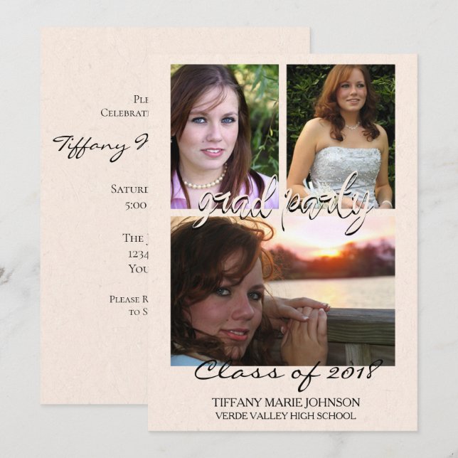 3 Photo Grad Party Faux Ecru Rice Paper Invitation (Front/Back)