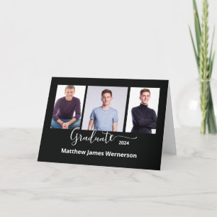 3 Photo Graduation Announcement Black White